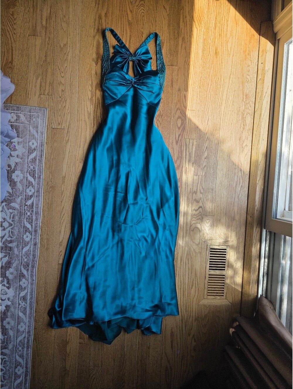 Vintage Y2K Morgan & Co. Teal Liquid Satin Beaded Strap Prom Gown